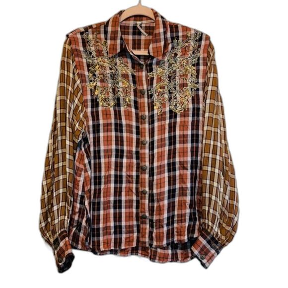 Free People cinnamon plaid embellished button down shirt size small - Picture 1 of 10